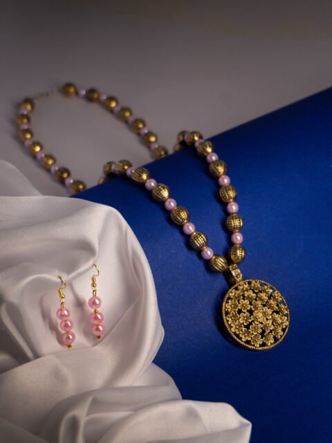 Flower Carved Long Copper Beaded Necklace Set