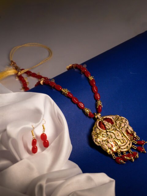 Krishna carving copper beaded long necklace handmade set