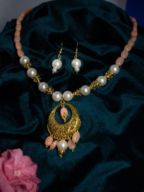 Hyderabadi Jugni Inspired Pearl & Peach Beaded Necklace Set