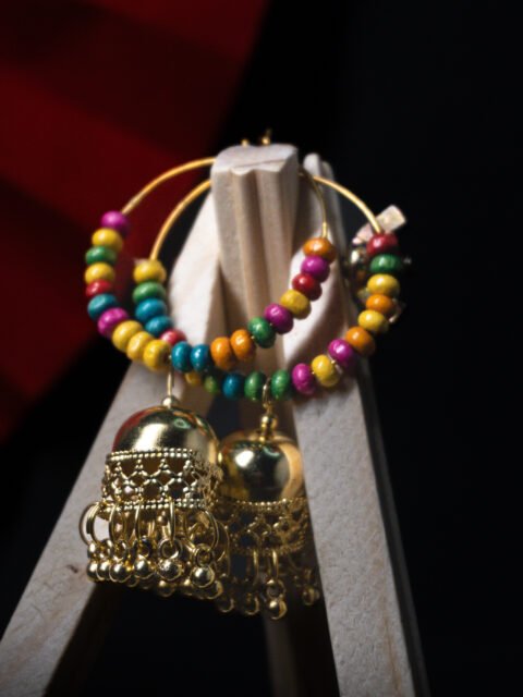 Goldtoned colourful beaded jhumka drop earrings