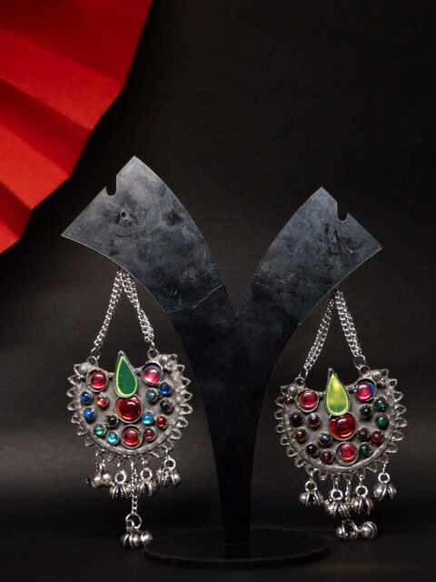 Authentic Afghan Tribal Silver-Toned Earrings with Multi-Color Stone Inlay