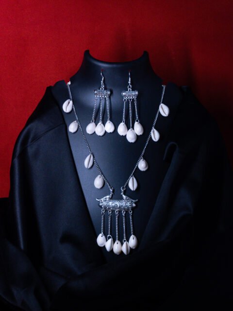 Oxydised Silver Cowrie Beaded Long Necklace Set